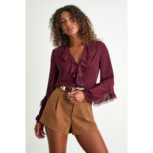 Lulus Jess Burgundy Ruffled Lace Long Sleeve Top Red - Size S